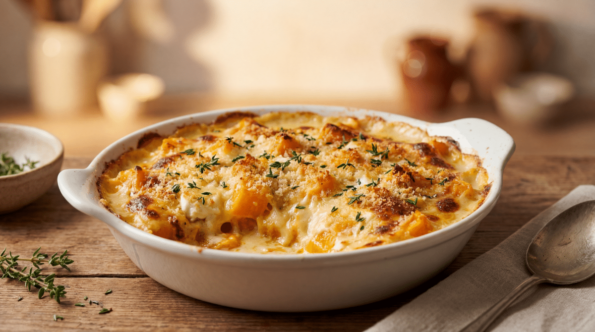 Gratin fondant de courge au chèvre frais : un plat réconfortant qui parfume la maison comme un feu de bois