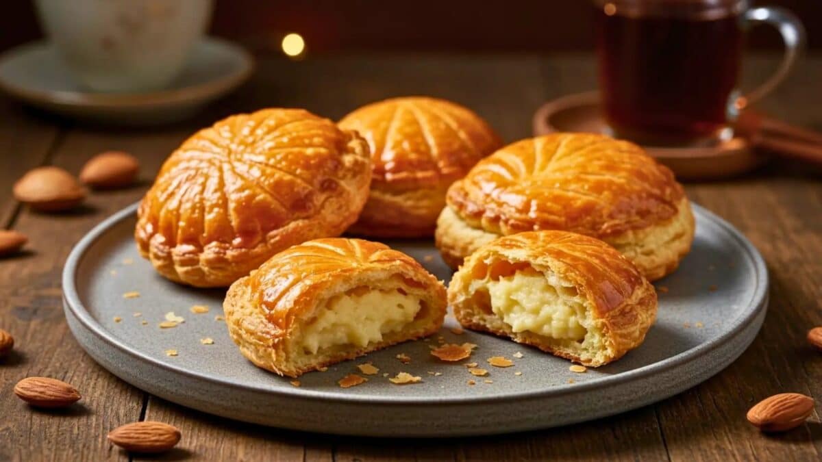 Mini galettes des rois à la frangipane dorées, dont une coupée en deux laissant apparaître une garniture crémeuse aux amandes.