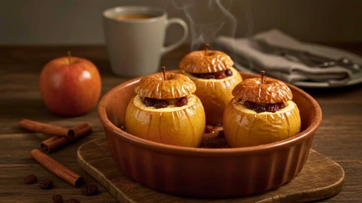 Pommes rôties au four garnies de raisins secs et parfumées à la cannelle, servies dans un plat en terre cuite.