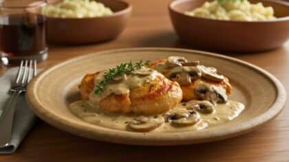 Escalopes de poulet à la crème et aux champignons, servies dans une assiette avec une sauce onctueuse et une purée en accompagnement